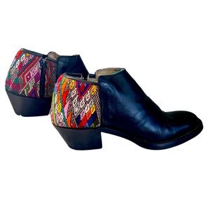Lumily Handcrafted Leather Booties Black with Vintage Huipil Tapestry - Size 8